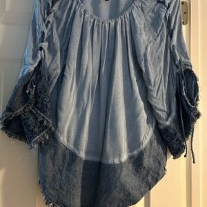 XCVI Blue Denim color Off The Shoulder Women's Top